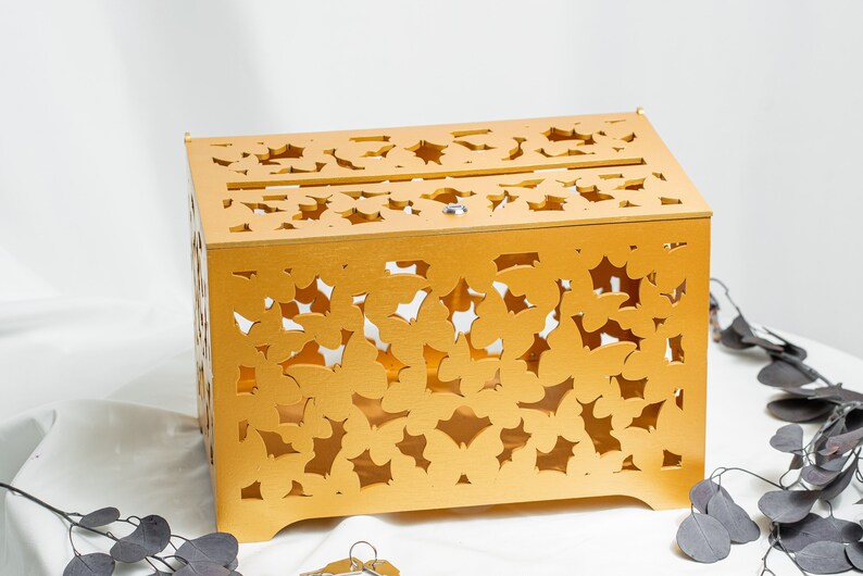 Gold Wedding Card Box With Pattern Of Butterflies, Bridal Shower Wooden Money Box, Wedding Cash Box with slot image 3