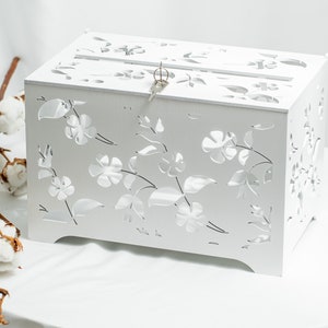 White Rustic Wedding Card Box With Flower Design, Wooden Large Card Box With Lock And Key, Wedding Card Money Holder