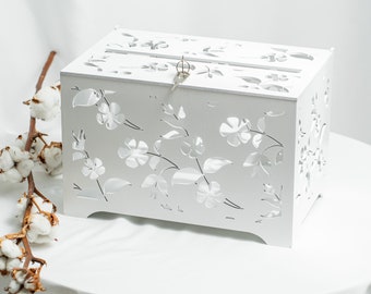 White Rustic Wedding Card Box With Flower Design, Wooden Large Card Box With Lock And Key, Wedding Card Money Holder