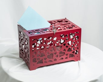 Burgundy Wedding Card Box With Lock, Wooden Wedding Large Money Box, Wedding Gift Box For Money