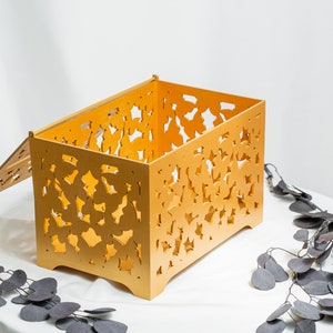 Gold Wedding Card Box With Pattern Of Butterflies, Bridal Shower Wooden Money Box, Wedding Cash Box with slot image 4