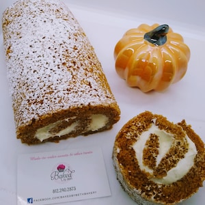 Thanksgiving Fall Autumn Dessert Pumpkin Cake Roll Fresh Baked to Order Made from Scratch Homemade Cream Cheese Icing Frosting
