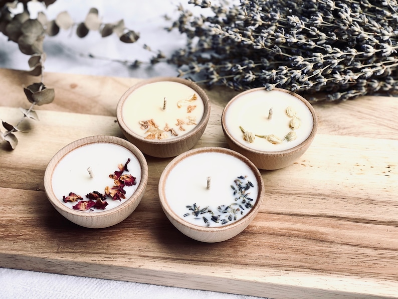 Set of Four Aromatherapy Soy Candles | One Ounce All-Natural Soy Wax Candle with Dried Flowers | Essential Oil Infused | Toxin Free 