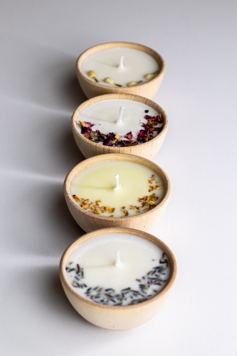 Set of Four Aromatherapy Soy Candles One Ounce All-Natural Soy Wax Tea Candle with Dried Flowers Essential Oil Infused Toxin Free image 9