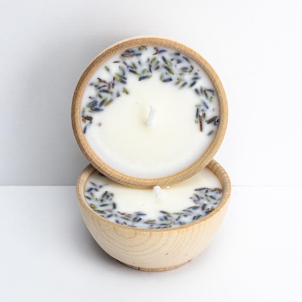Bougies votives aux huiles essentielles | Lot de 2 bougies en cire de soja dans un bol en bois | Parfum au choix | Cadeau d'aromathérapie | Fait main | Megan's Pantry