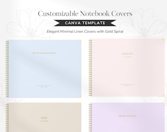 Customizable Goodnotes Notebook Covers | Elegant Linen Texture Covers Gold Spiral Horizontal Digital Notebook | Canva Template | Printable