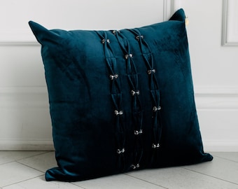 Blue Velvet Luxury Pillow with Crystal Details// 20x20 Cushion Cover // Decorative Pillow Cover