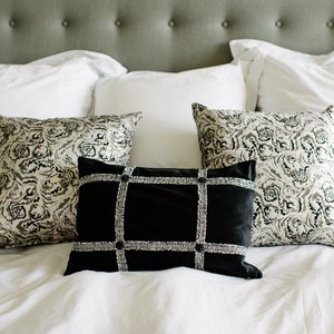 Black Velvet with Tweed detail Luxury Lumbar Pillow// 20x14 Cushion Cover // Decorative Pillow Cover image 4