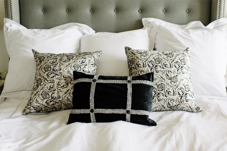 Black Velvet with Tweed detail Luxury Lumbar Pillow// 20x14 Cushion Cover // Decorative Pillow Cover image 4