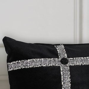 Black Velvet with Tweed detail Luxury Lumbar Pillow// 20x14 Cushion Cover // Decorative Pillow Cover image 2