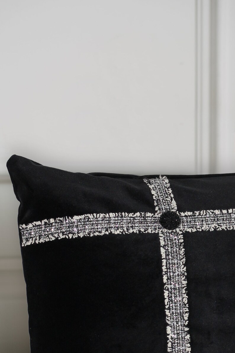 Black Velvet with Tweed detail Luxury Lumbar Pillow// 20x14 Cushion Cover // Decorative Pillow Cover image 2
