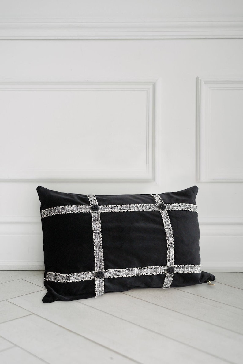 Black Velvet with Tweed detail Luxury Lumbar Pillow// 20x14 Cushion Cover // Decorative Pillow Cover image 1