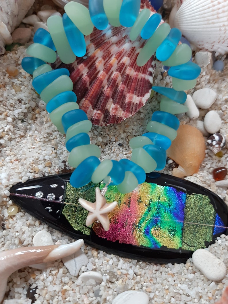 Stretch bracelet Recycled glass Earrings with sterling French ear wires Mediterranean blue and foam green nugget beads.
