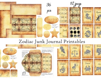Zodiac Junk Journal Printables Digital Paper Pack with Tags, Bookmark, Note Cards, DIY Envelope plus background Journal Pages
