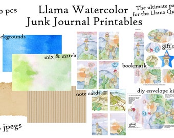 Llama Watercolor Junk Journal Printables Digital Paper Pack with Tags, Bookmark, Note Cards, DIY Envelope, Journal Pages