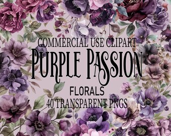 Pakiet fioletowych kwiatów Passion, vintage clipart do użytku komercyjnego, miękkie pastele, neutralne kwiaty, przezroczyste pliki PNG, ślubne kwiaty png