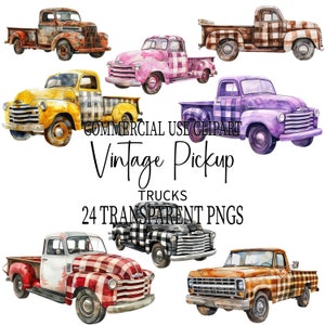 Op de afbeelding: Set van tien vintage pick-up trucks in verschillende kleuren met geruite patronen. De trucks zijn geïsoleerd op een witte achtergrond.