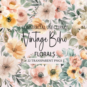 Vintage Boho Floral Clipart Pack, vintage clipart for commercial use, soft pastels Neutral Florals, Transparent PNGs, Wedding florals pngs