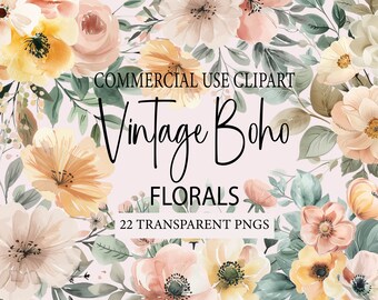 Vintage Boho Floral Clipart Pack, vintage clipart do użytku komercyjnego, miękkie pastele Neutralne kwiaty, Przezroczyste PNG, Ślubne kwiaty png