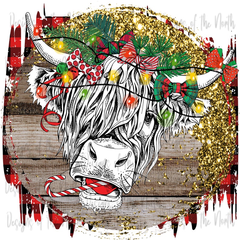 May include: A white Highland cow with a red candy cane in its mouth, wearing a festive garland of green pine branches, red and green bows, and white lights. The background is a rustic wood plank with a red and black checked pattern.
