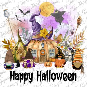 Pu&ograve; includere: Un'illustrazione ad acquerello di una casa a forma di zucca con un cappello da strega in cima. Nella scena ci sono gnomi, un gatto nero e una ragnatela. Il testo "Happy Halloween" &egrave; scritto in nero nella parte inferiore dell'immagine.