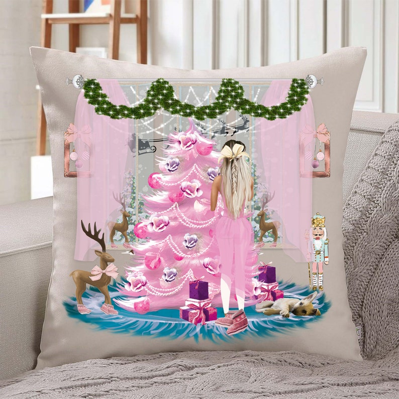May include: A pink Christmas tree with white and pink ornaments, a girl in a pink dress, a reindeer, a nutcracker, and a dog in front of a window with a garland.