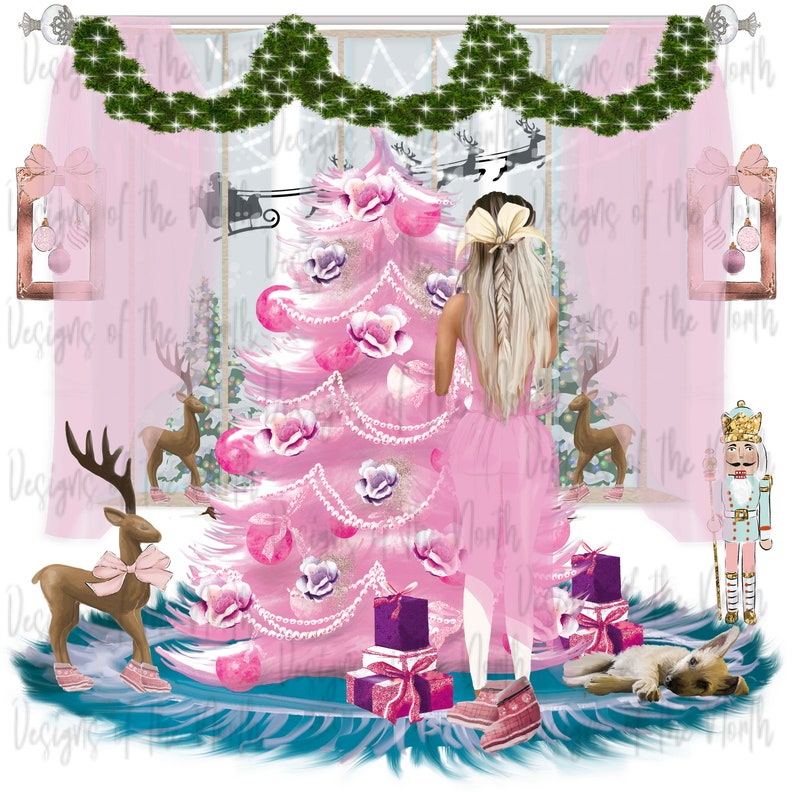 May include: A pink Christmas tree with white and purple ornaments, a pink and white dress, a nutcracker, a reindeer, and a dog. The tree is decorated with a garland of pearls and a pink bow. The scene is set in front of a window with a snowy landscape.