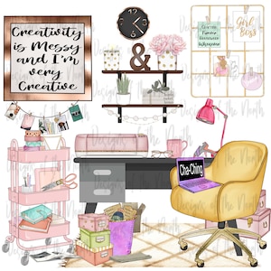 May include: A pink and black desk with a pink and gold crafting machine, a pink rolling cart with craft supplies, a yellow office chair with a laptop, and a gold wire grid with inspirational quotes. The quote "Creativity is Messy and I'm very Creative" is on a framed sign.