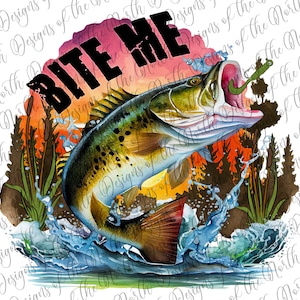 May include: A watercolour illustration of a bass fish leaping out of the water with a lure in its mouth. The fish is brown and green with spots. The background is a sunset with orange, pink, and purple colours. The text "BITE ME" is written in black letters above the fish.