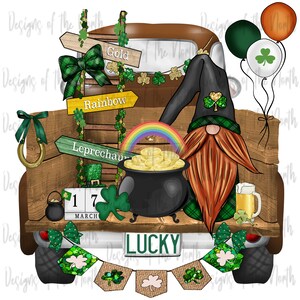May include: A green, red, and gold gnome with a red beard sits in the back of a brown pickup truck. The truck is decorated with shamrocks, a rainbow, and a pot of gold. The truck's license plate reads "LUCKY".