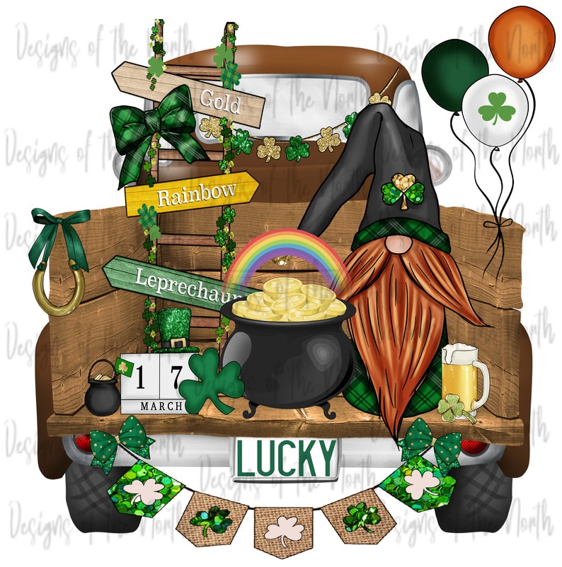 May include: A green, red, and gold gnome with a red beard sits in the back of a brown pickup truck. The truck is decorated with shamrocks, a rainbow, and a pot of gold. The truck's license plate reads "LUCKY".