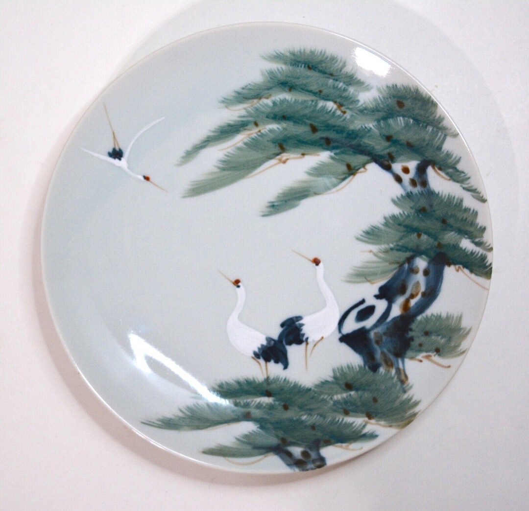 Vintage Japanese Plate Porcelain Hand Painted Cranes & Asian Pine Tree ...
