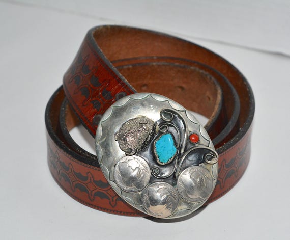 Navajo Buffalo Belt Nickle Silver Gemstone Tooled Leather  display picture 1