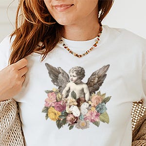 Vintage Angel Tee Shirt, Coquette Aesthetic, Angel Core, Cherub T Shirt, Trendy Christian Art, Guardian Angel, Garden Angel Tee Shirt