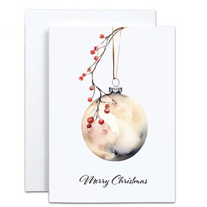 Christmas Card 10 Pack, Minimalist Watercolor of Xmas Holiday Ornament with Berry Branch, Classic, Luxury Christmas Bauble, Merry Christmas