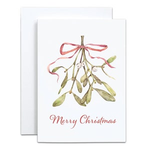 Classic, Minimalist Christmas Cards, Pack of 10, Charming Original Mistletoe Watercolor Holiday Greeting Cards, Artsy Boho Merry Christmas