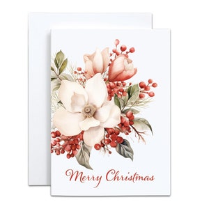 Christmas Card, Classic, Luxury Floral Winter Bouquet Pack of 10, 20 or 30, Original Watercolor Botanical and Berries Holiday Greeting Cards