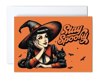 Halloween Witch With Black Cat Cards, Set of 10 Fall Autumn Trendy Stay Spooky Note Cards, Vintage Party Invitation
