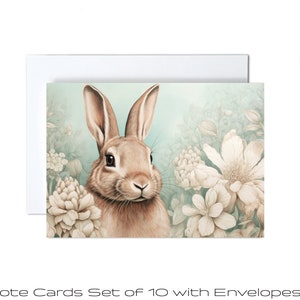 Lot de 10 cartes Lapin avec fleurs, cartes de correspondance pliées 5 x 7 pouces, cartes de voeux de Pâques, merci, papeterie de printemps