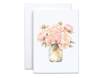 Peony Cards, Watercolor Floral Mason Jar Card set of 10, Flower Botanical Folded Blank Note Cards, Any Occassion Stationery, Birthday Card