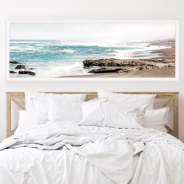 Coastal Beach Print, Long Landscape Canvas Wall Art, Neutral Decor Over the Bed Panoramic, Beach House Decor