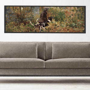 Vintage Pointer Dogs Painting, Man Hunting Print, Dog Canvas Wall Art, Rustic Decor, Panoramic Landscape