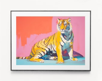 Tiger Painting, Dopamine Aesthetic Animal Print, Preppy Pink and Orange Wall Art, Dorm Room Decor, Bright Maximalist Art