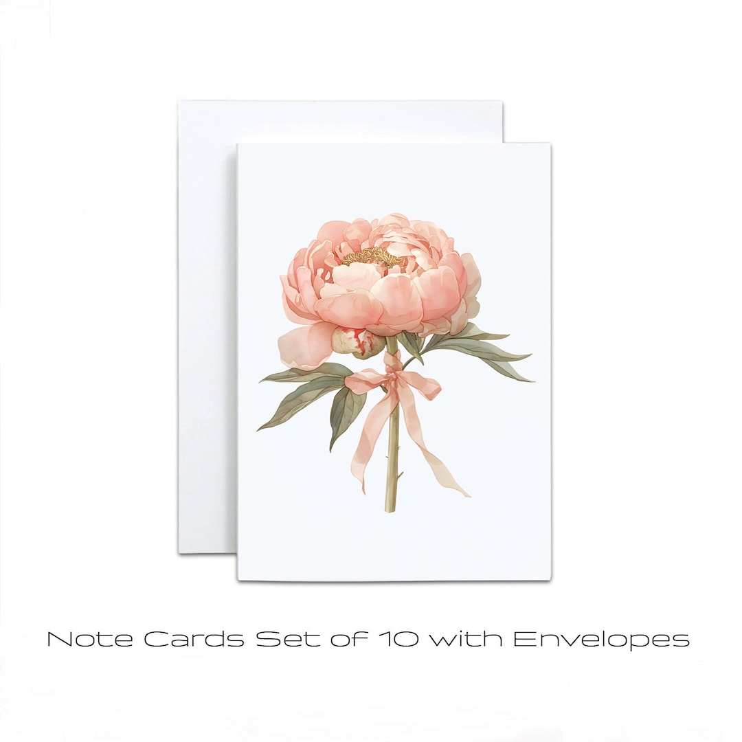 Peony Cards With Envelopes, Blank Note Card Pack of 10, Watercolor ...