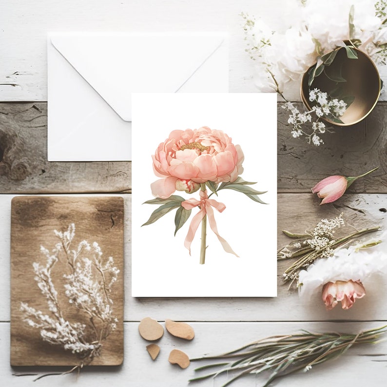 Peony Cards With Envelopes, Blank Note Card Pack of 10, Watercolor ...