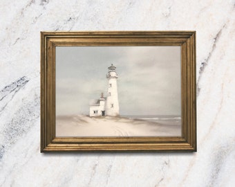 Lighthouse Art Print, Original Seascape Oil Painting Unframed Print, Coastal Beach Art, Neutral Lighthouse Beach House Art, Gift for Him