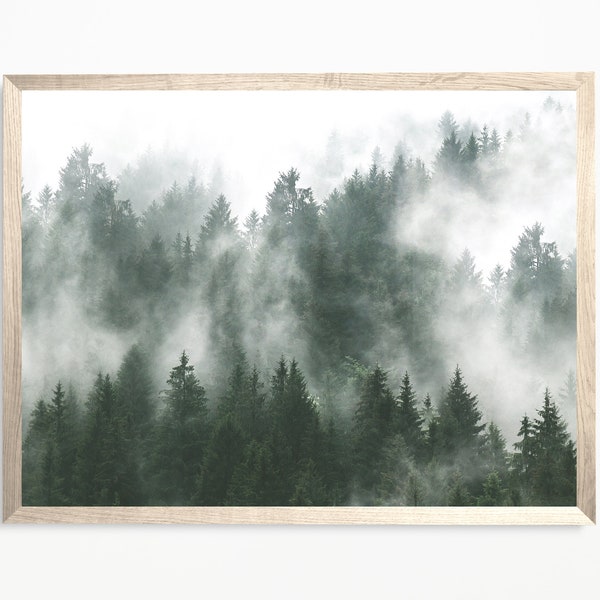 Forest Wall Art, Foggy Pine Tree Print, Modern Home Decor, Rustic Printable