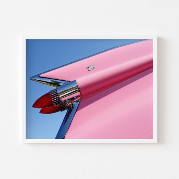 Retro Car Cadillac Print, Classic Retro Car Photography, Vintage Pink Cadillac Automotive Wall Art, Living Room Prints