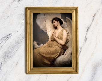 Victorian Angel Portrait, Moody Oil Painting Print, Dark Academia Wall Art