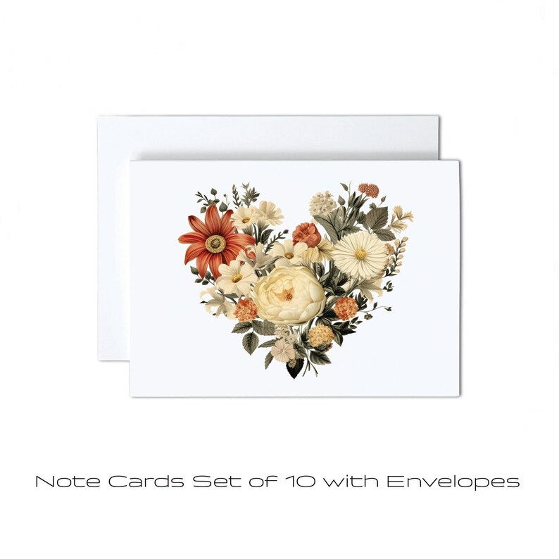 Floral Heart Cards, Love Note Card Set of 10, Flower Heart Cards, Any ...